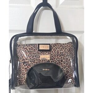 Bebe 3pc Clear/Black/Leopard Cosmetic Bags w/2 bottles NWT